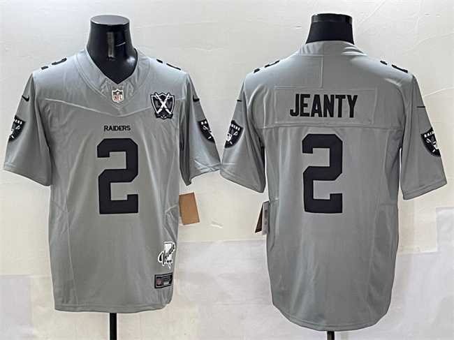 Men%27s Las Vegas Raiders #2 Ashton Jeanty Gray 2025 Draft F.U.S.E. With Nevada Silver Stat Patch And 65th Anniversary Patch Stitched Jersey->las vegas raiders->NFL Jersey